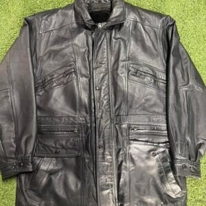 Black leather jacket with multiple pockets and zippers. Size: M #biker